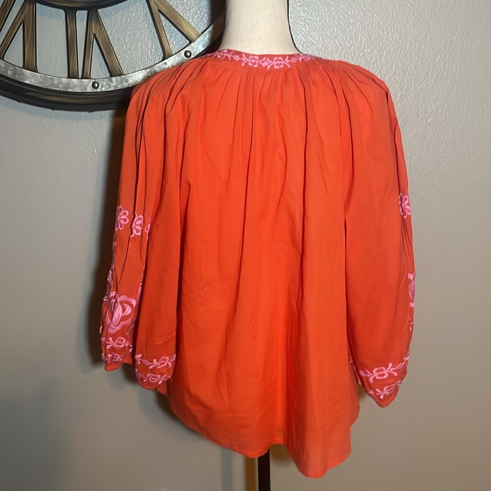 NICOLE MILLER Artelier Peasant Embroidered Orange Women's Top - Picture 5 of 8